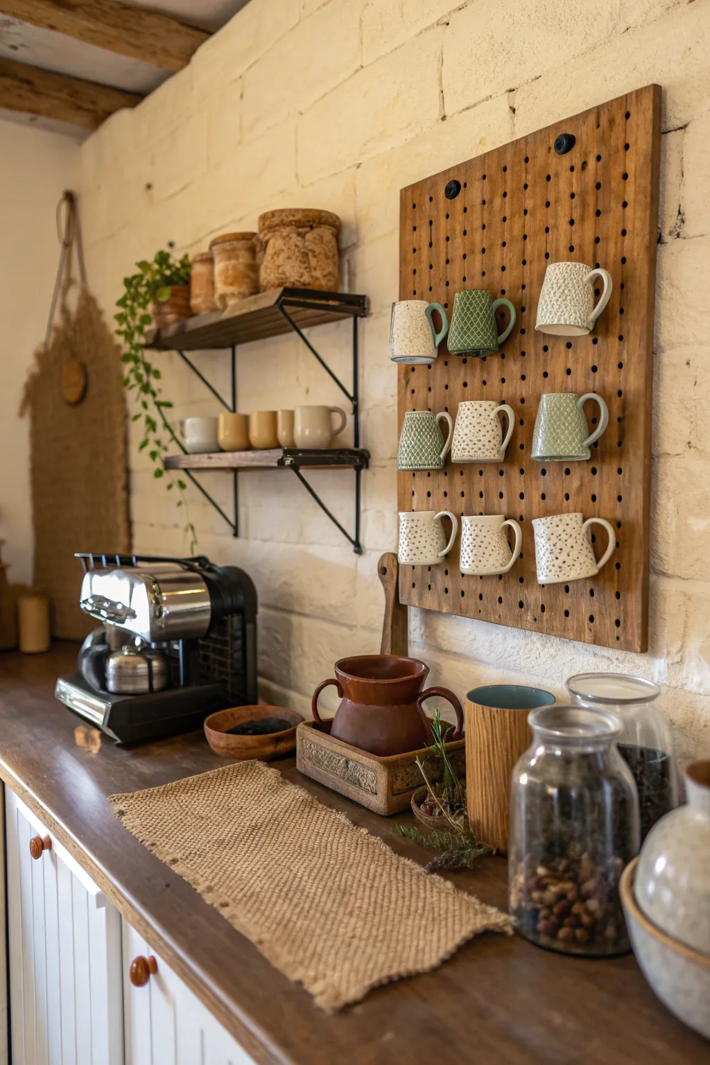 A collection of handmade ceramic mugs in earth tones hanging on a wooden pegboard in a kitchen.