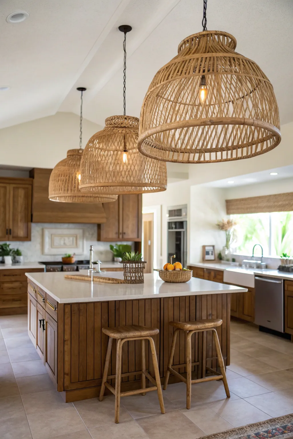 Large woven rattan pendant lights hanging over a kitchen island in a ranch setting.