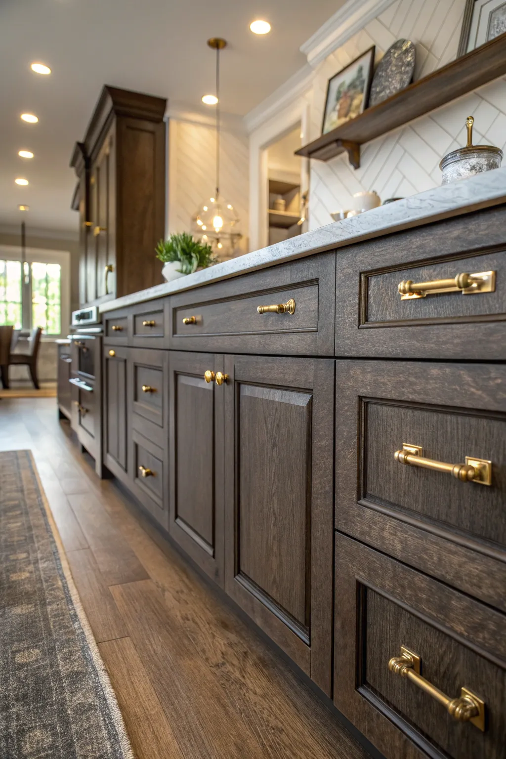 Antique brass bin pulls on dark walnut kitchen cabinets in a refined ranch house.