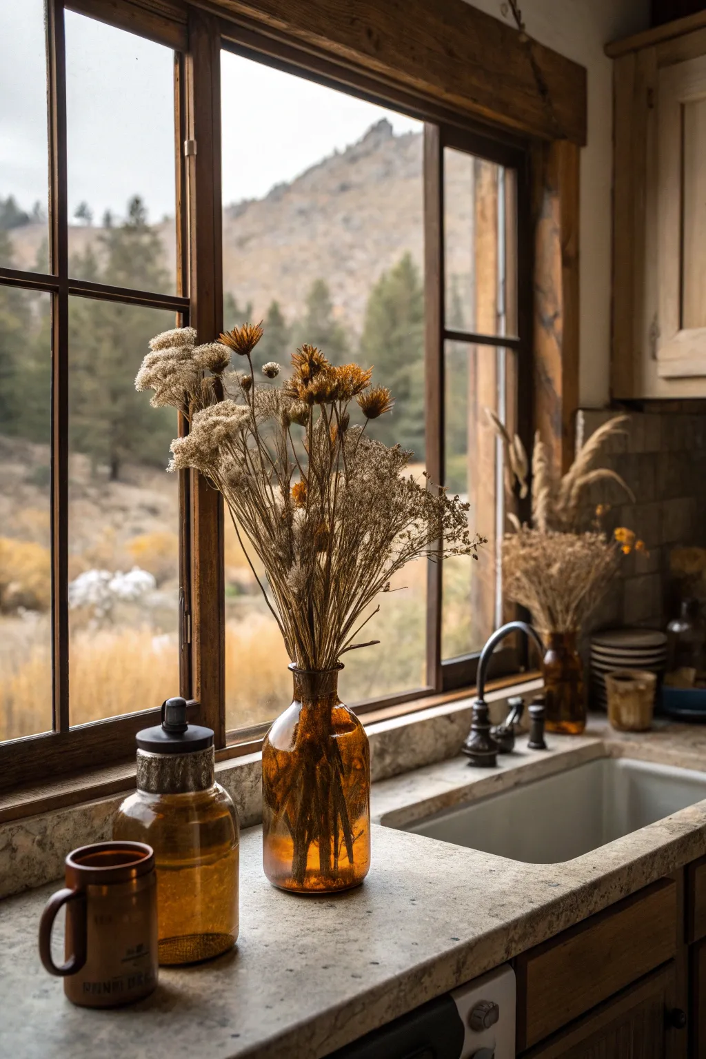 Dried lavender and desert grasses in amber glass jars on a sunny kitchen windowsill.
