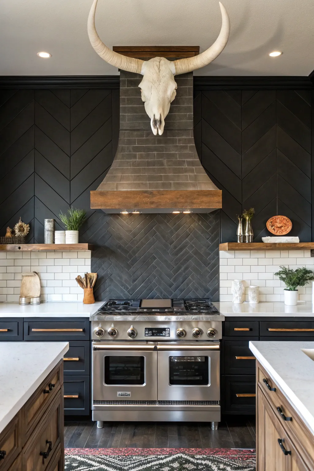 A matte white ceramic bull skull mounted on a dark wall above a stove in a western boho kitchen.