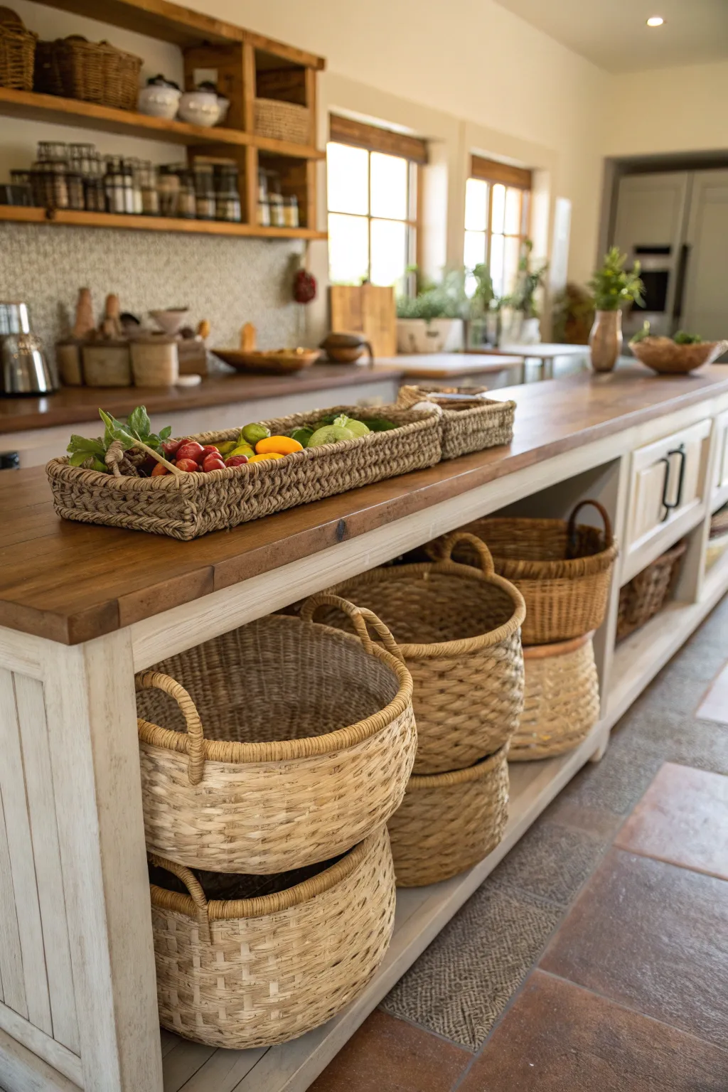Woven seagrass baskets filled with fresh produce on a wooden countertop in a boho ranch kitchen.