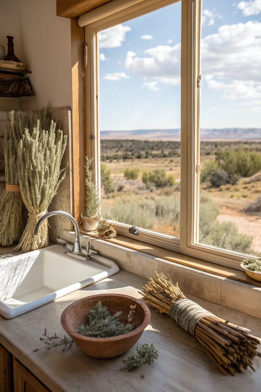 Bundles of dried sage and juniper in a clay dish on a sunny kitchen windowsill.