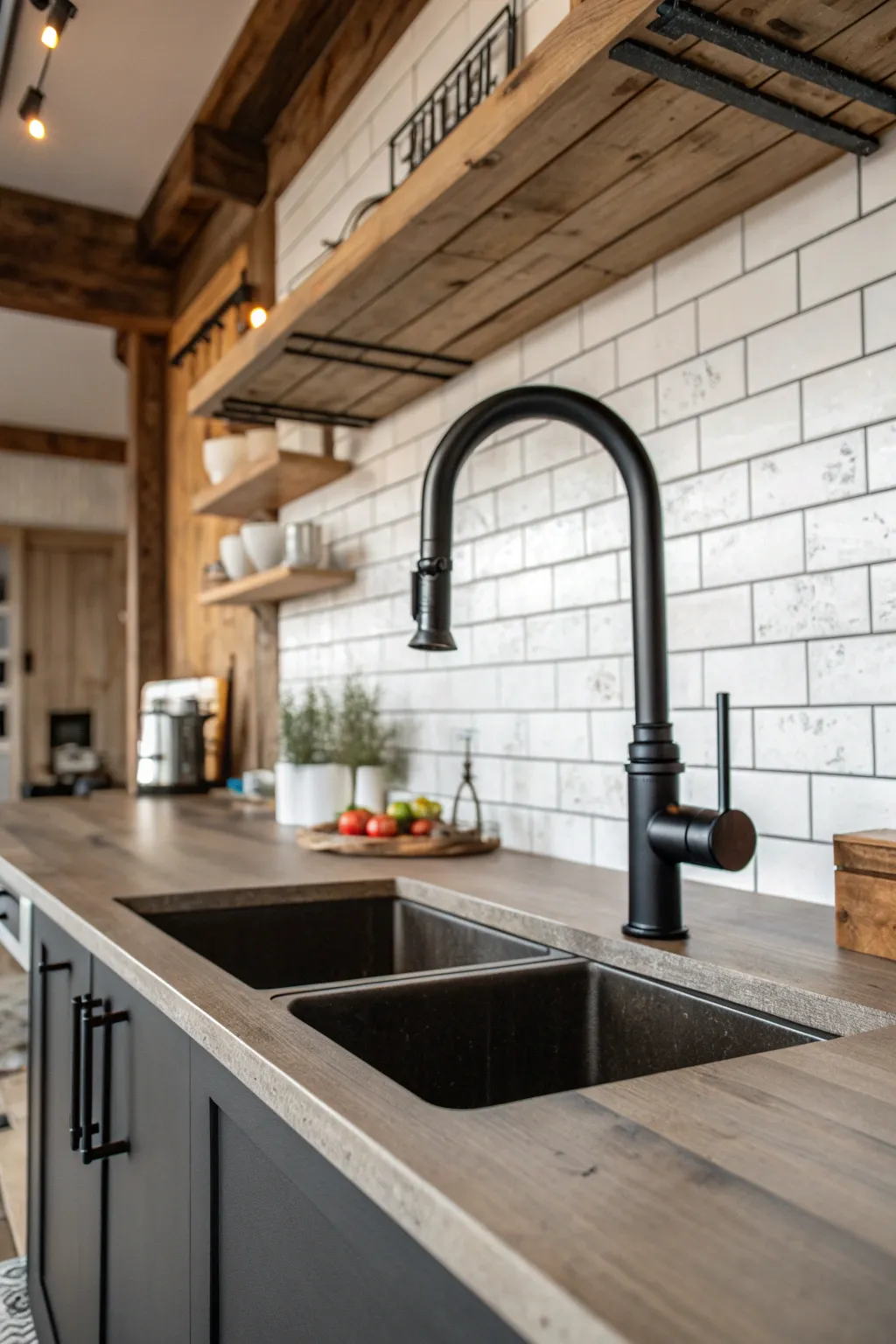 A sleek matte black industrial faucet installed in a modern rustic kitchen with wood accents.