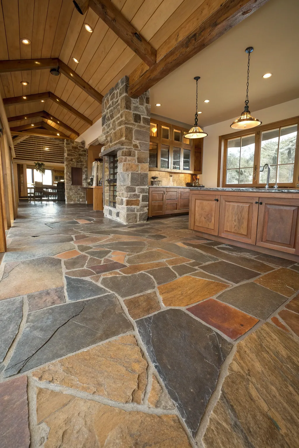 A wide ranch kitchen featuring rugged natural slate flooring in gray and rust tones under warm light.