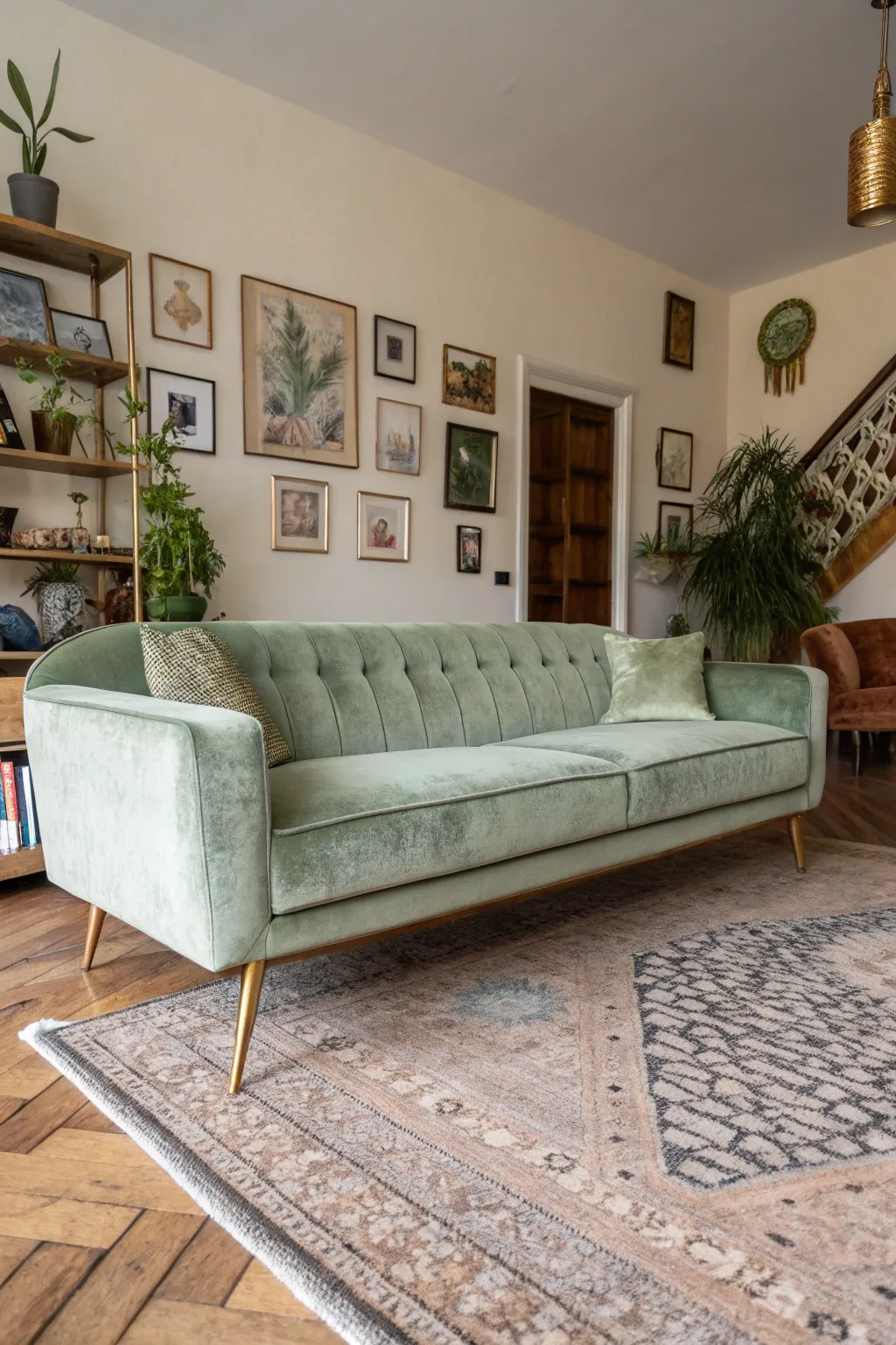 A luxurious sage green velvet sofa with gold legs in a bright, airy bohemian living room.