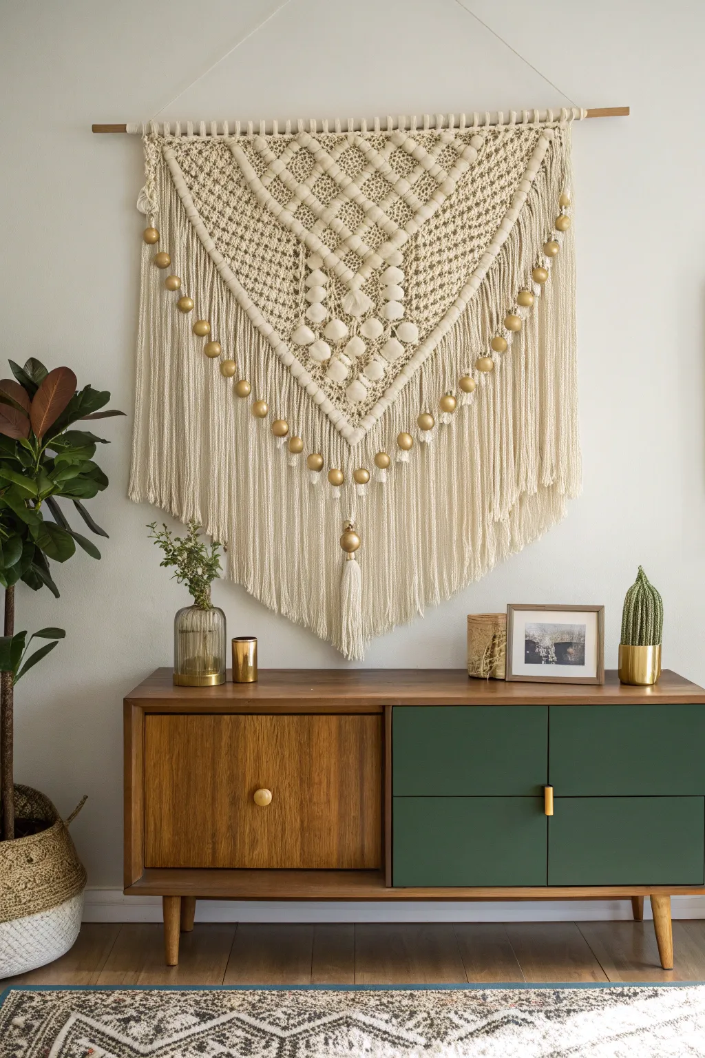 A cream macramé wall hanging with gold beads in a sage green themed room.