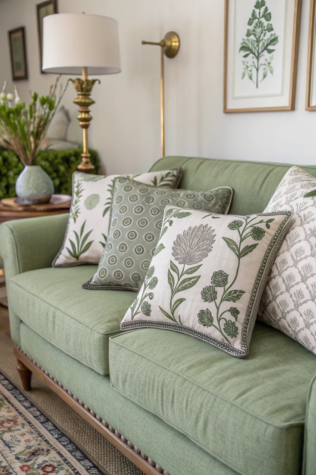 Grey and green floral block print pillows on a sage green sofa in a boho room.