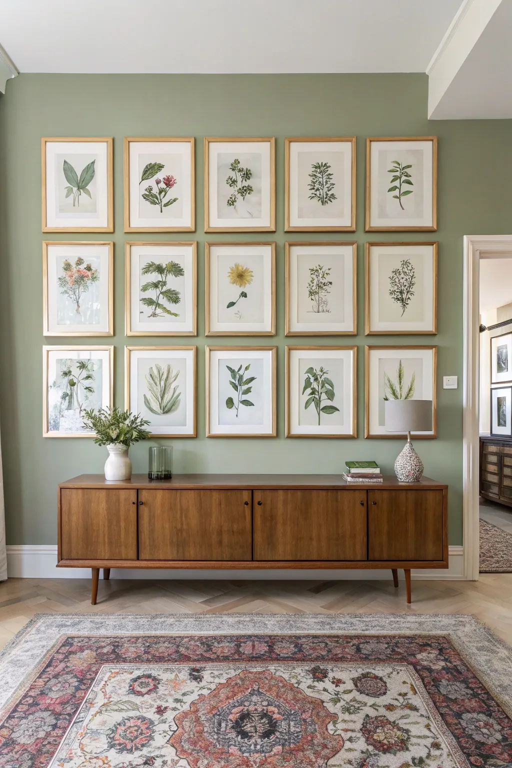 Botanical wall art with thin gold frames hanging on a sage green living room wall.