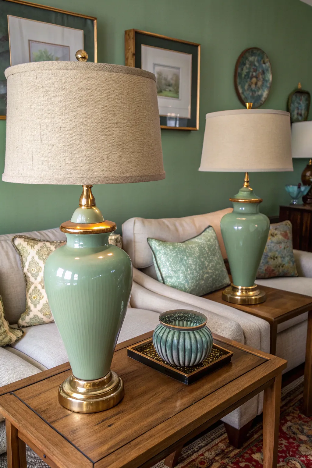 Two sage green ceramic lamps with brass bases sit on side tables in a boho living room.