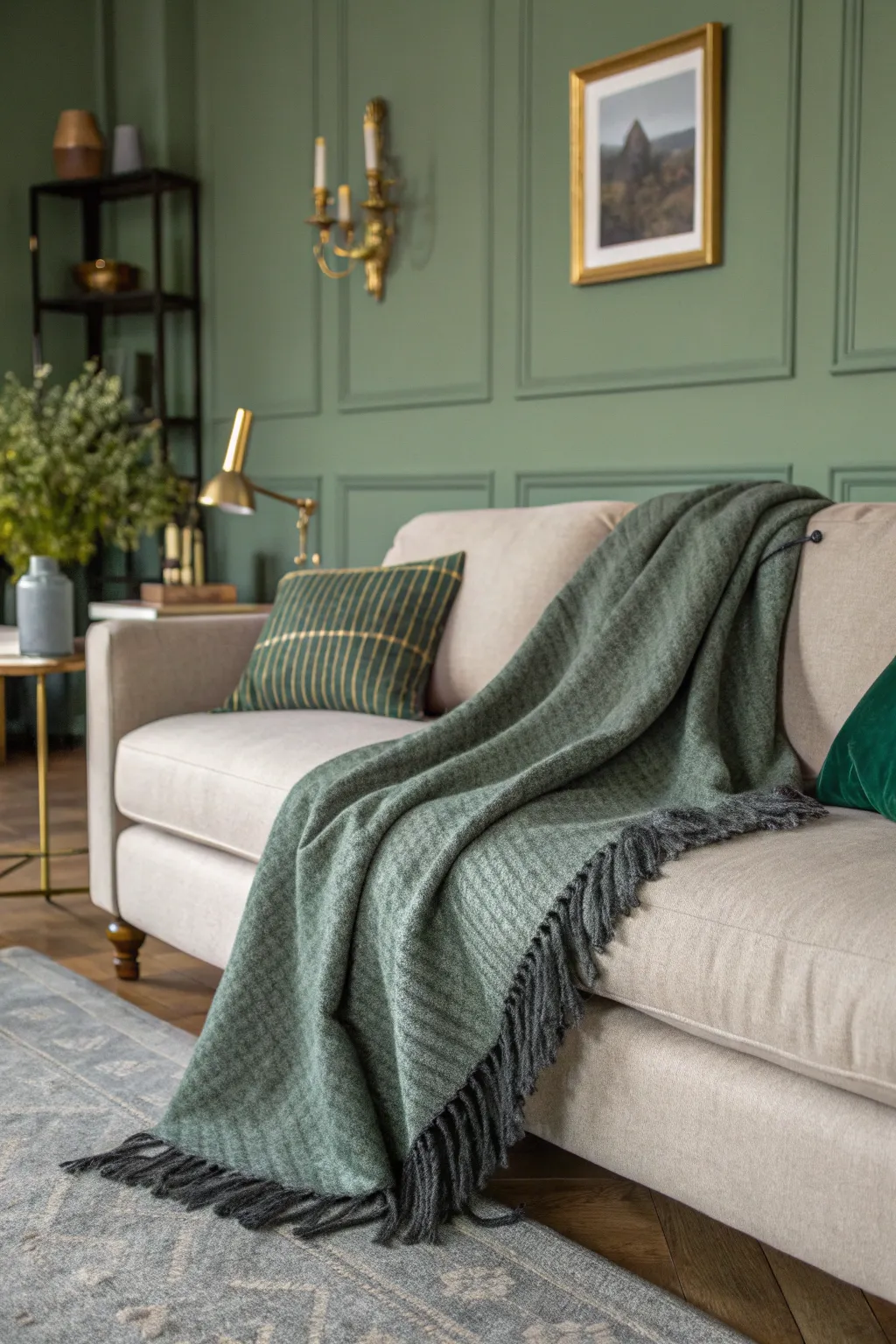 A sage and charcoal grey wool throw blanket draped over a sofa in a sage green room.