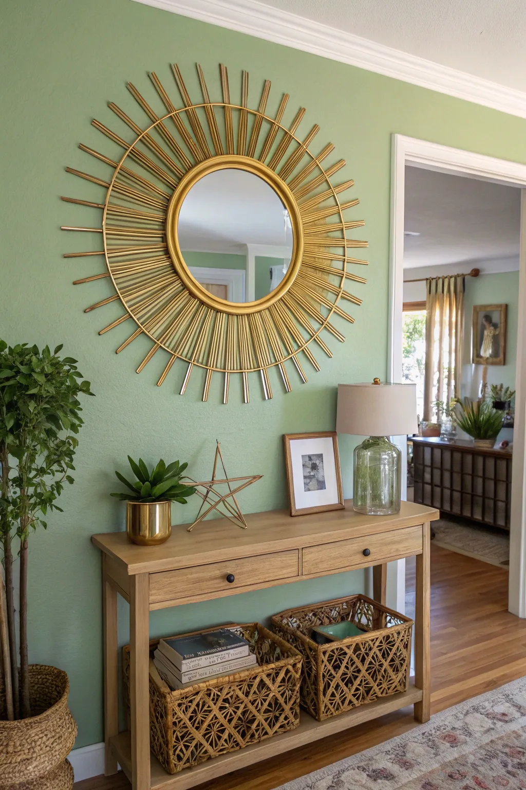 A gold sunburst mirror hanging on a sage green wall in a bright bohemian living room.