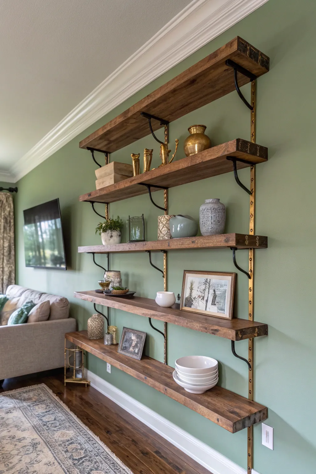 Reclaimed wood floating shelves with gold brackets on a sage green wall with decor.