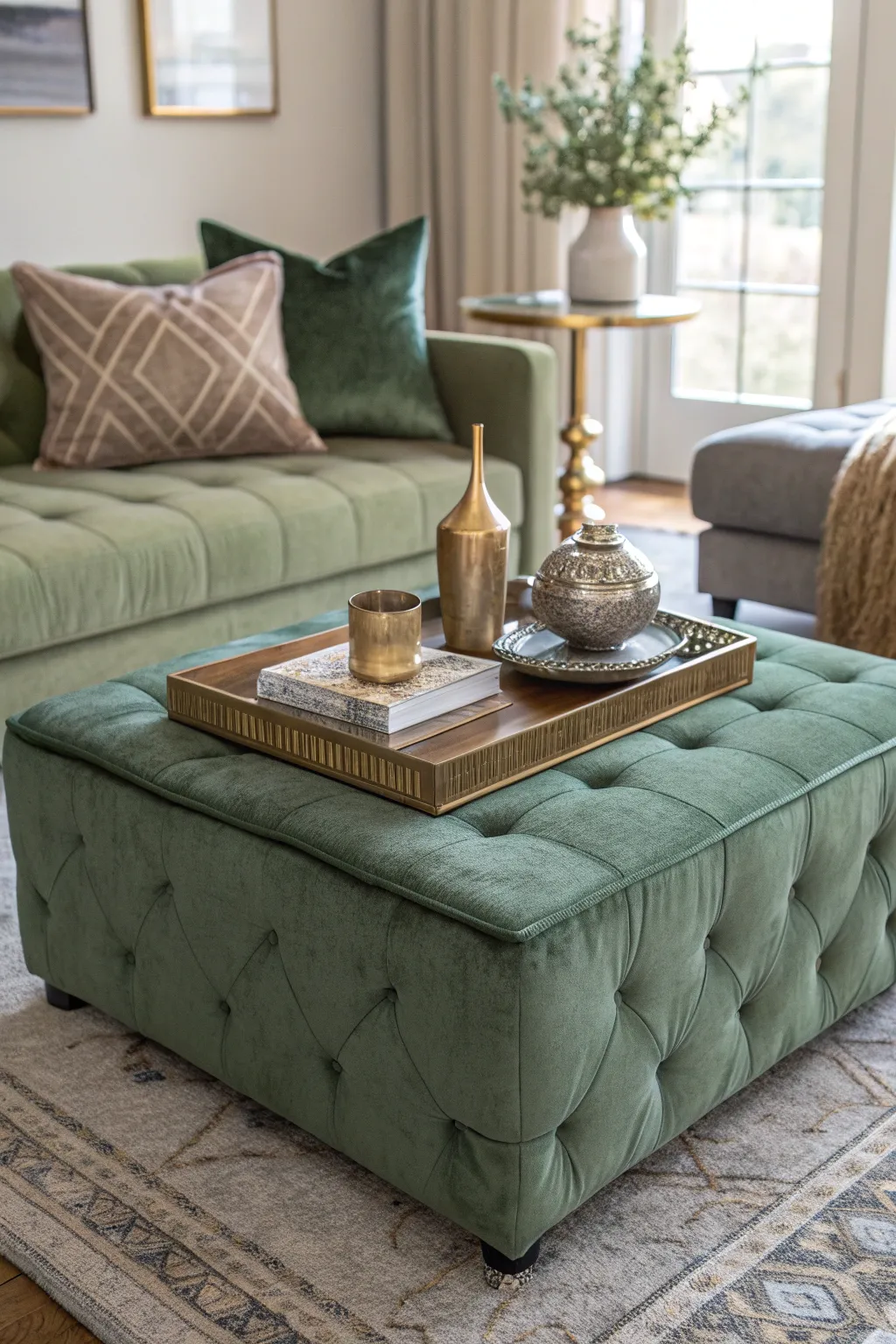 A sage green velvet ottoman with a polished gold tray in a bright, airy boho living room.