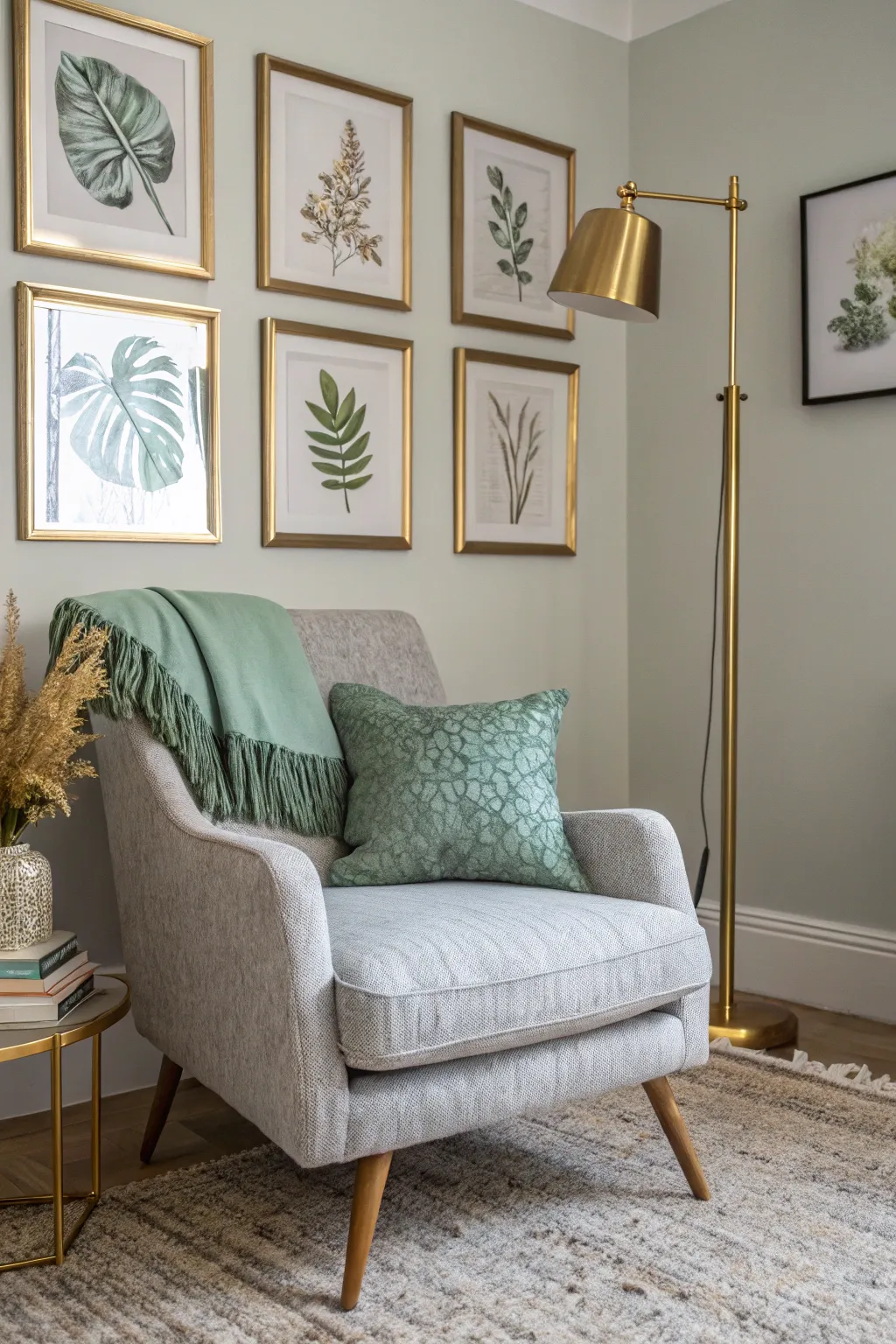 A grey linen armchair with a sage green pillow in a sunlit boho living room.