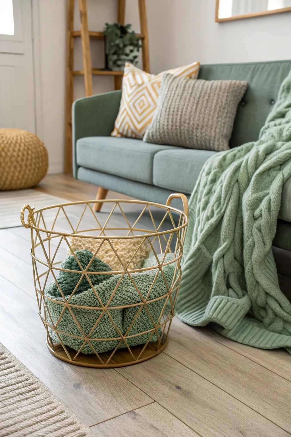 A gold wire basket filled with sage green blankets in a modern boho living room.