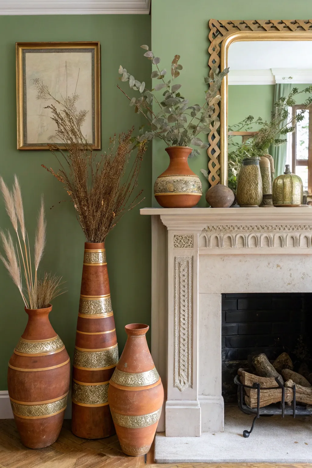 Terracotta vases with gold bands on a fireplace mantel in a sage green boho room.