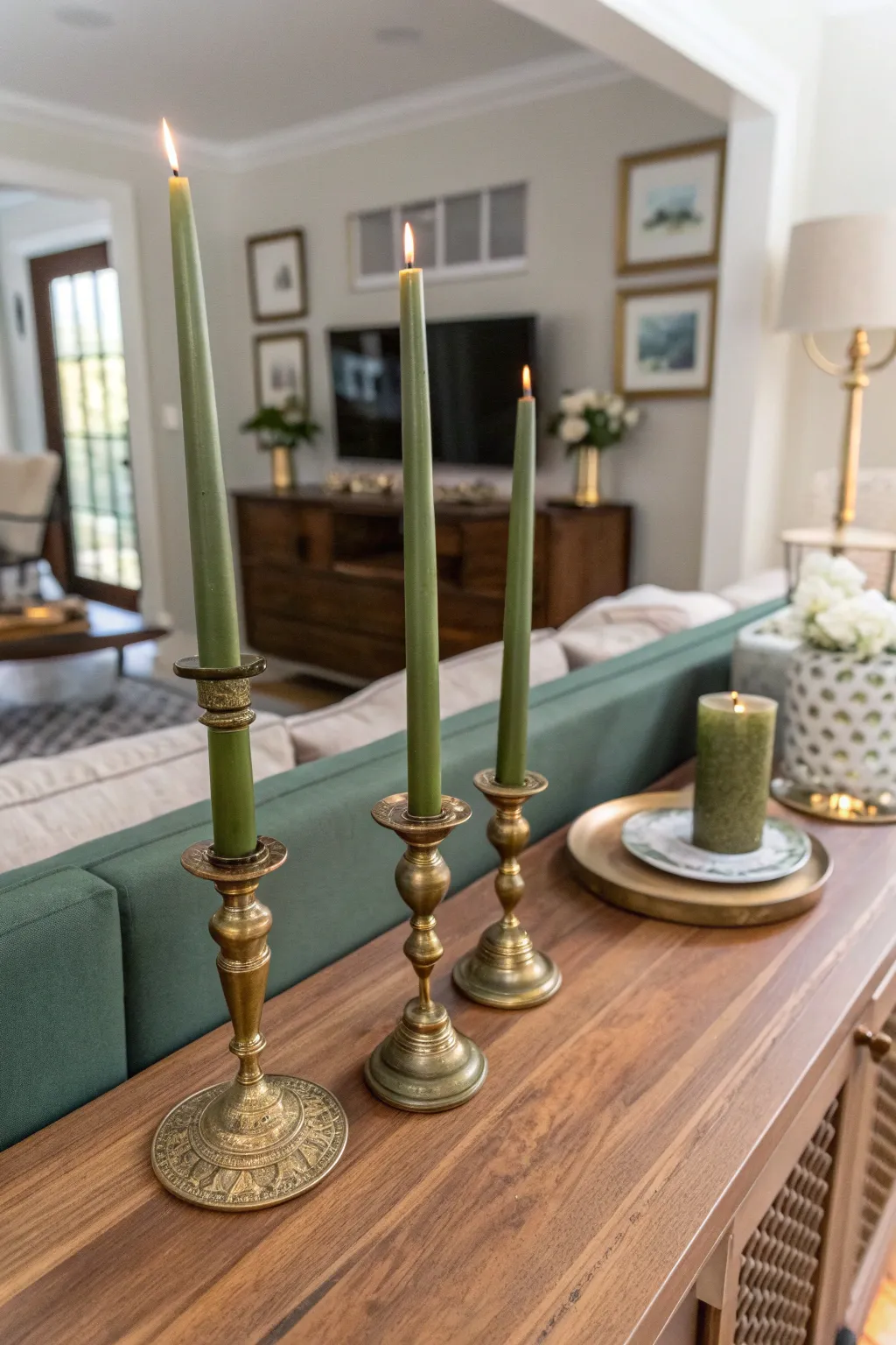Sage green taper candles in vintage brass holders on a console in a boho living room.