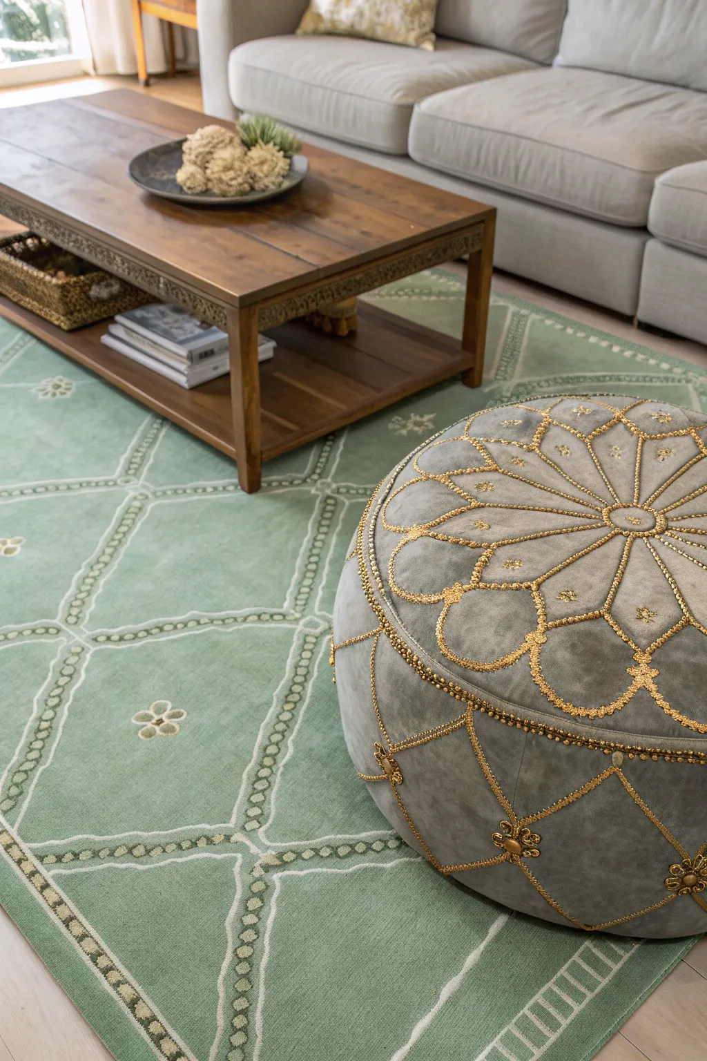 A grey suede pouf with gold stitching on a sage green rug in a boho living room.