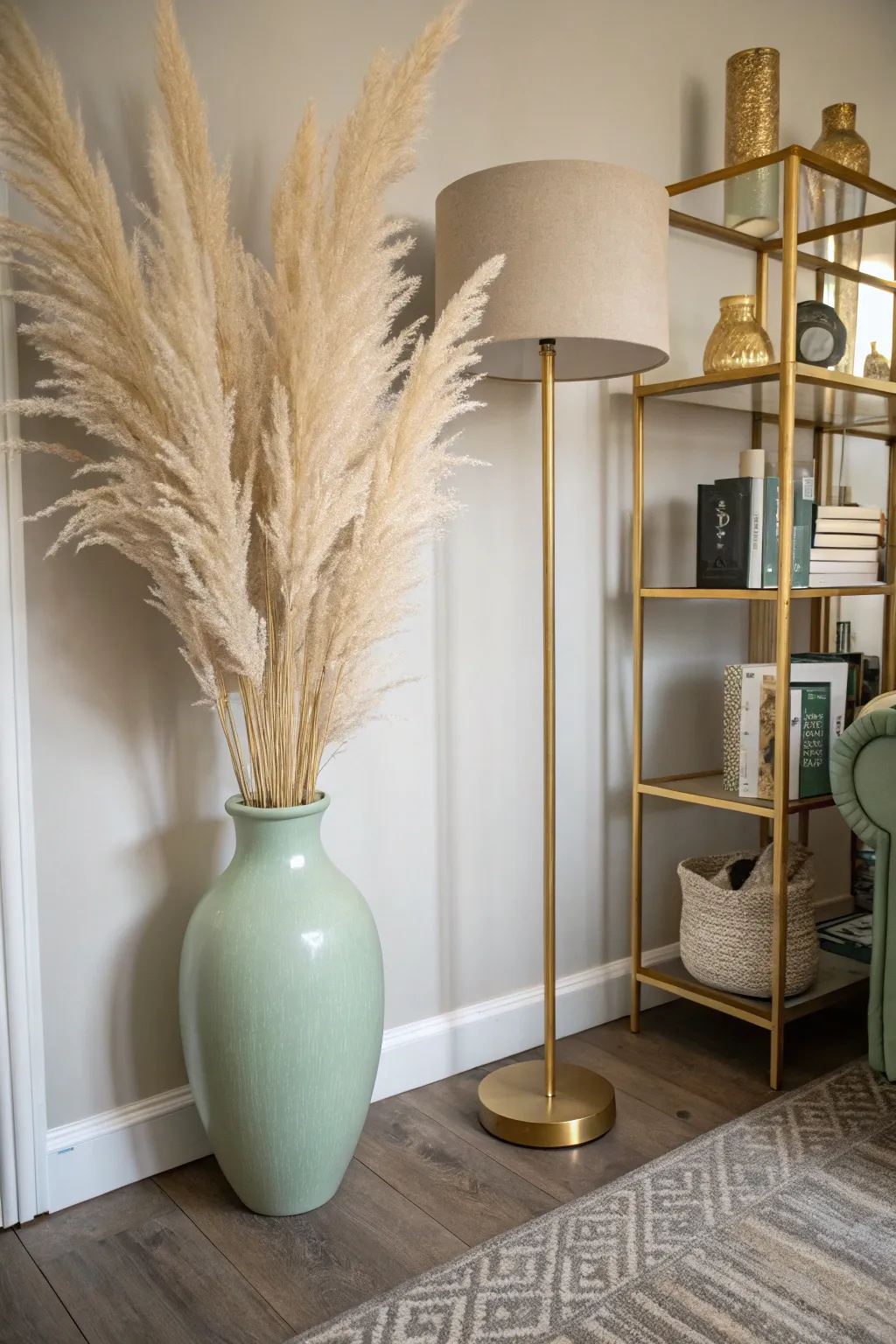 Dried pampas grass in a tall sage green vase in a bright boho living room corner.