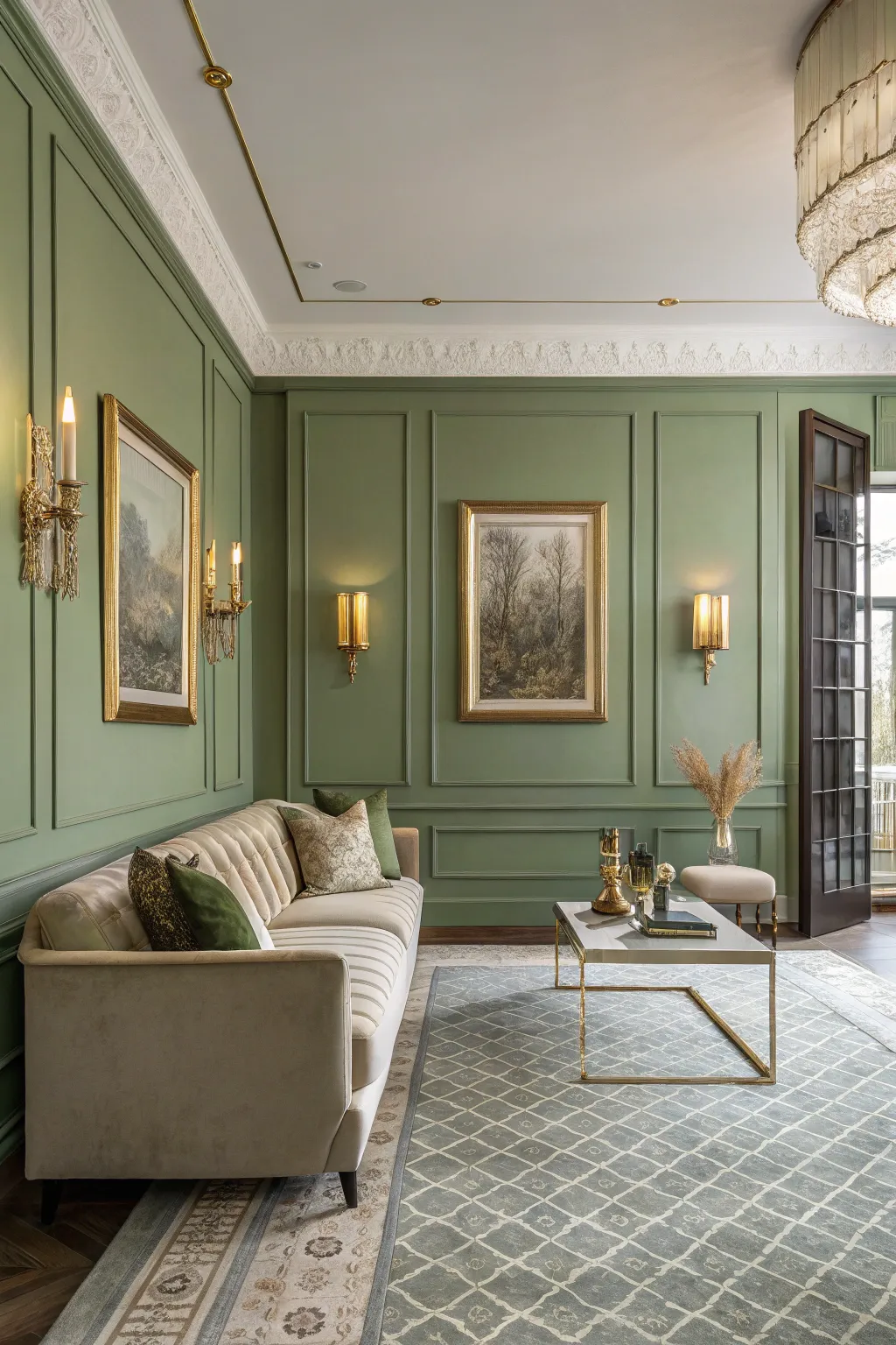 Symmetrical gold Art Deco sconces glowing on a muted sage green wall in a boho living room.