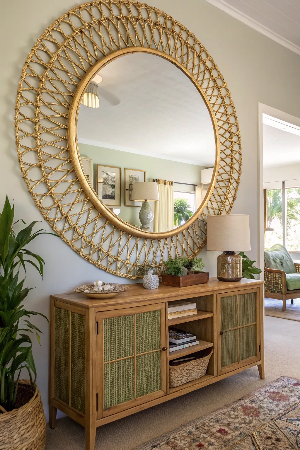 A round rattan mirror with a gold rim hanging in a bright sage green boho living room.
