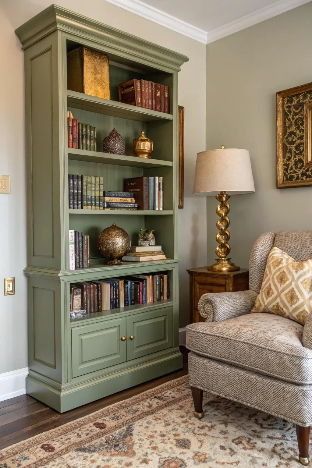 A sage green bookshelf with gold bookends in a well-styled bohemian living room.
