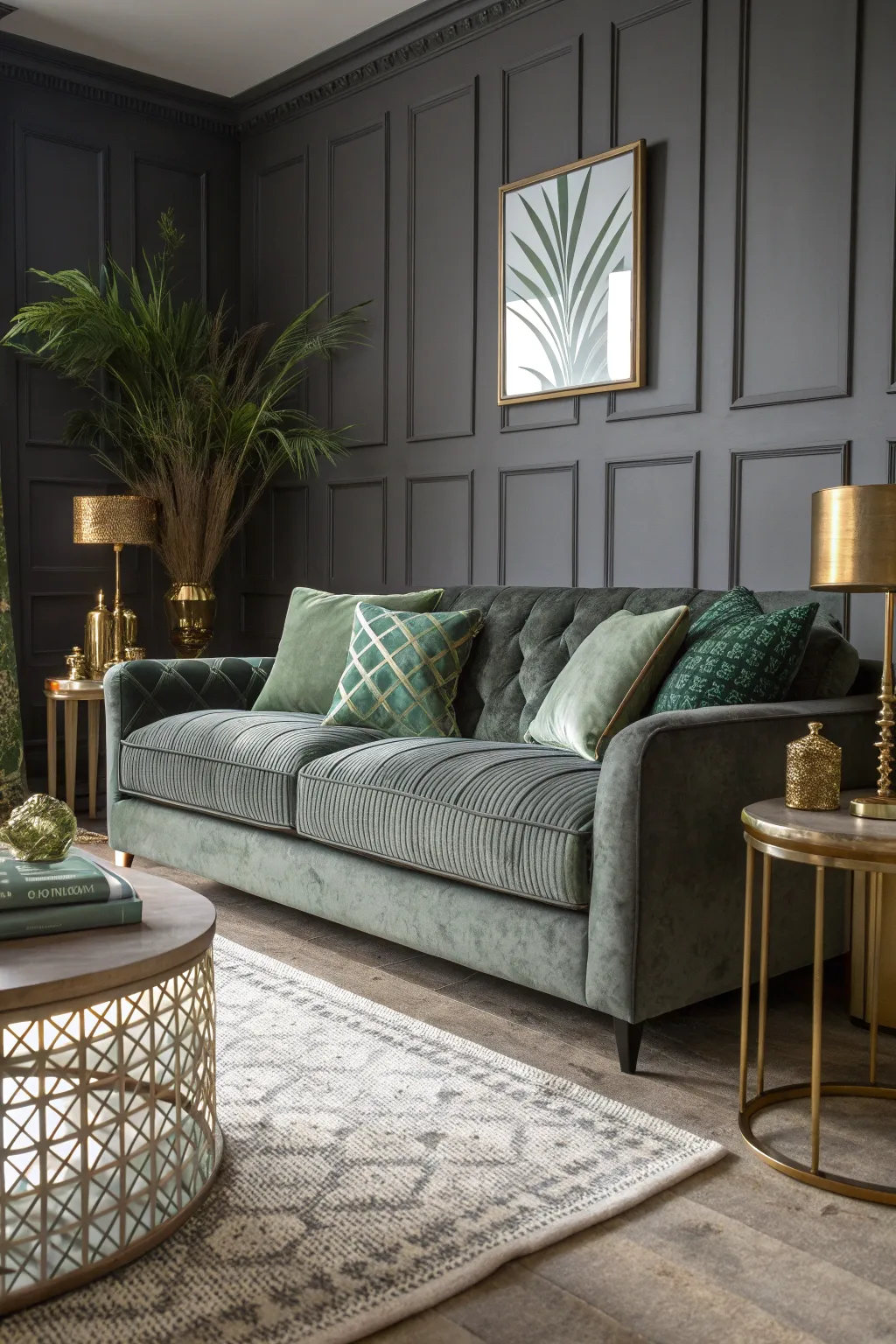 A charcoal grey sofa with sage green velvet bolster pillows in a luxury boho living room.