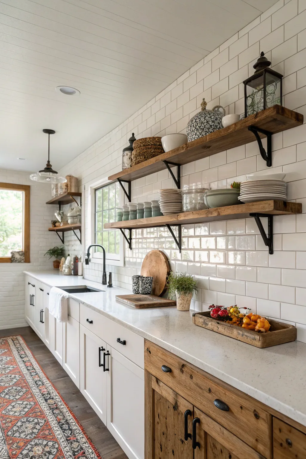 Rustic reclaimed wood shelves with black brackets in a bright farmhouse kitchen.