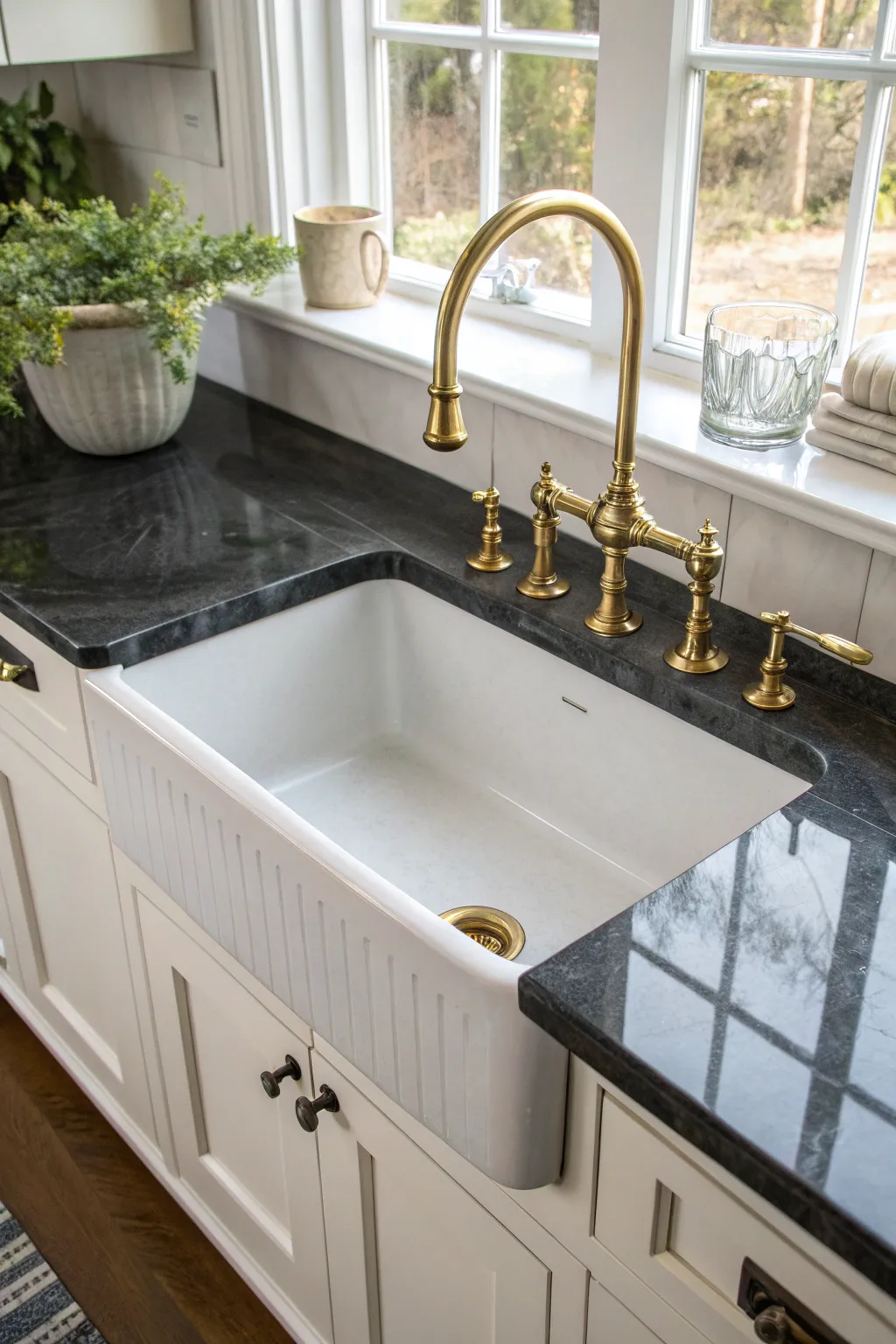 A white apron-front sink with a vintage brass faucet in a bright kitchen.