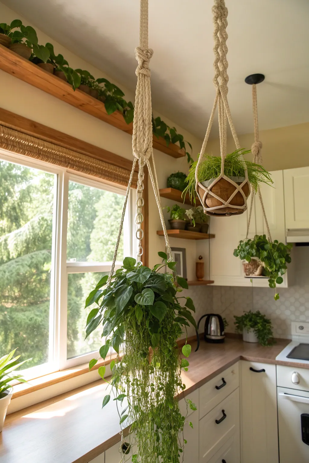Macramé plant hangers with green vines hanging in a sunny kitchen corner.