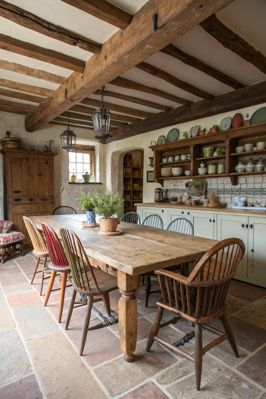An antique wood dining table with a mix of different vintage chairs in a kitchen.