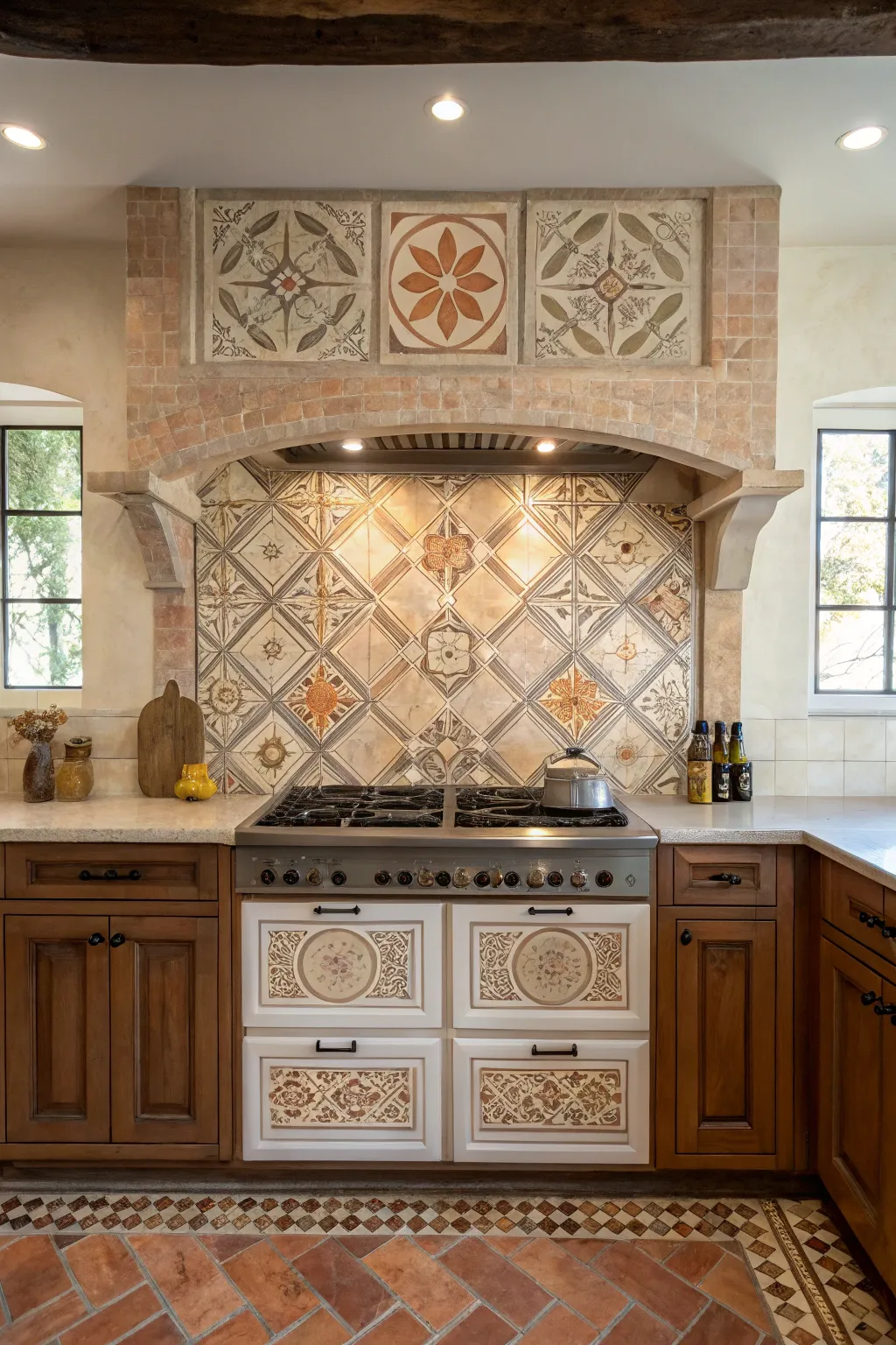 Hand-painted terracotta tiles with geometric patterns on a kitchen backsplash.