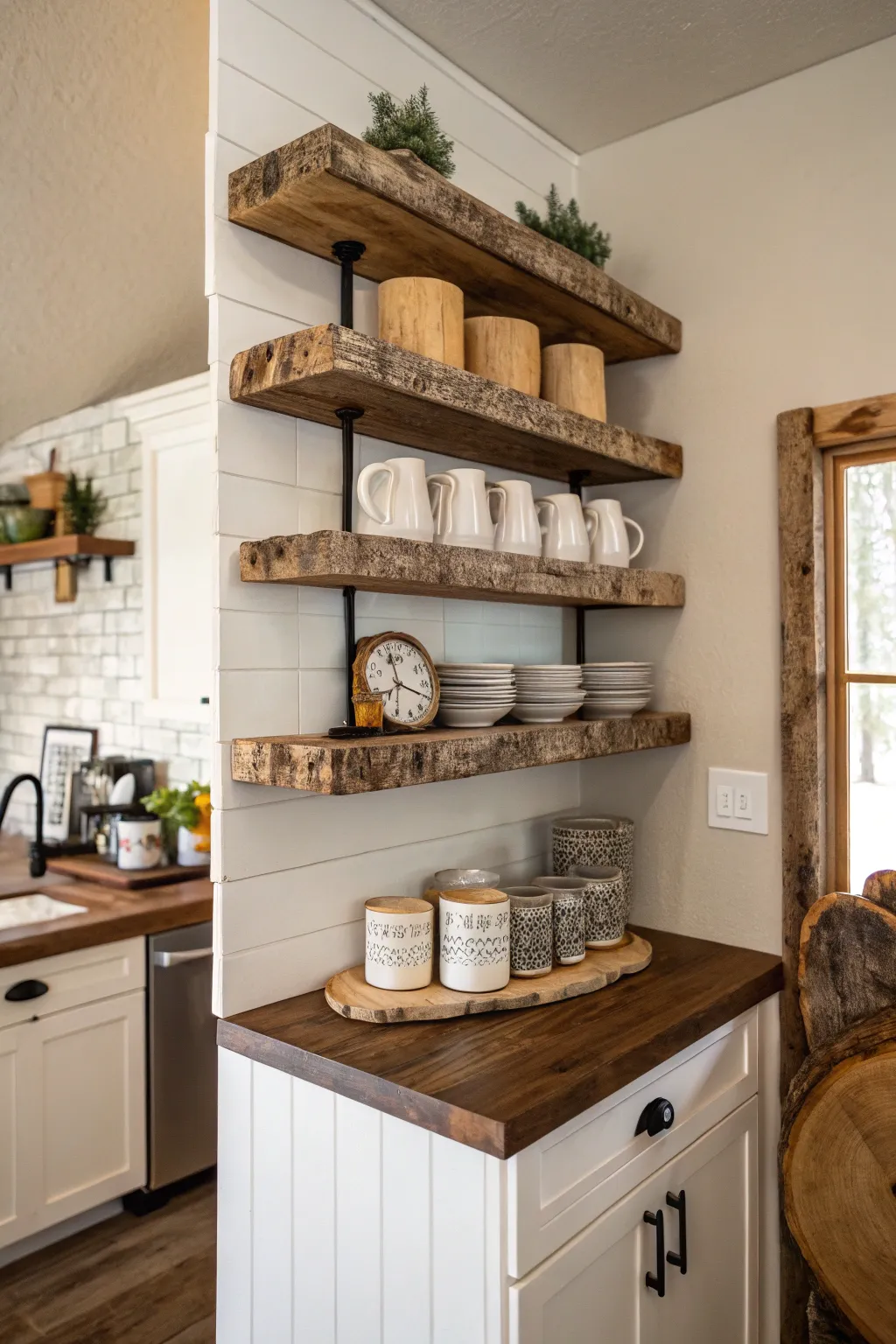 Floating live edge wood shelves with ceramic mugs in a cozy farmhouse kitchen.