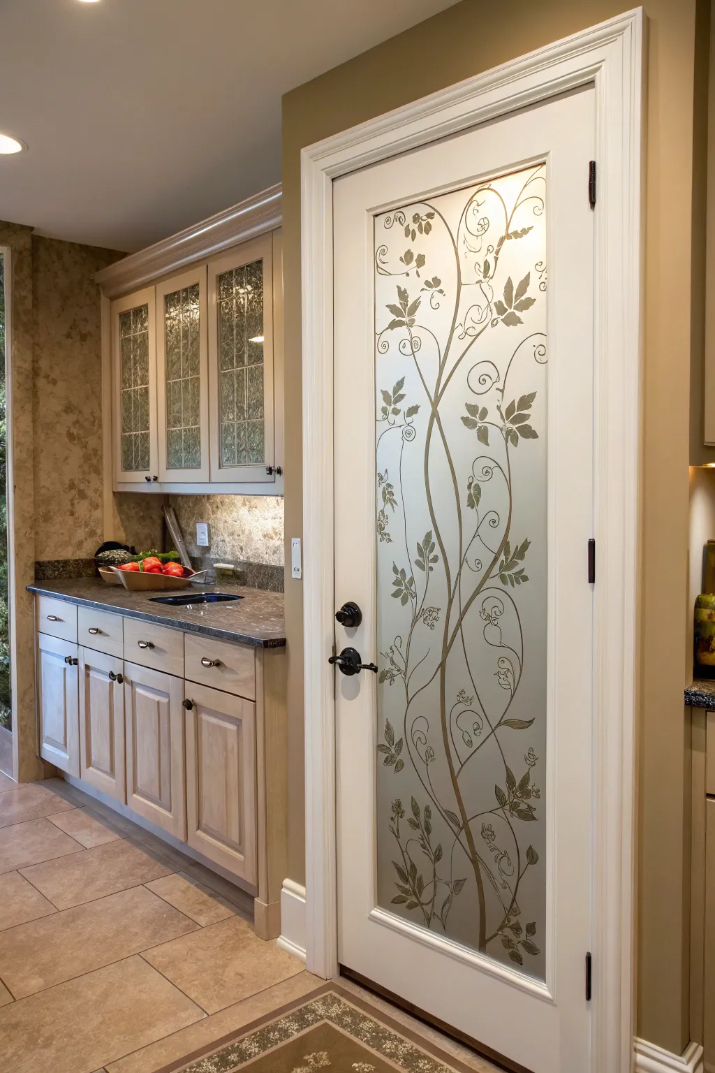 Glass-front pantry door with frosted botanical patterns in a farmhouse kitchen.