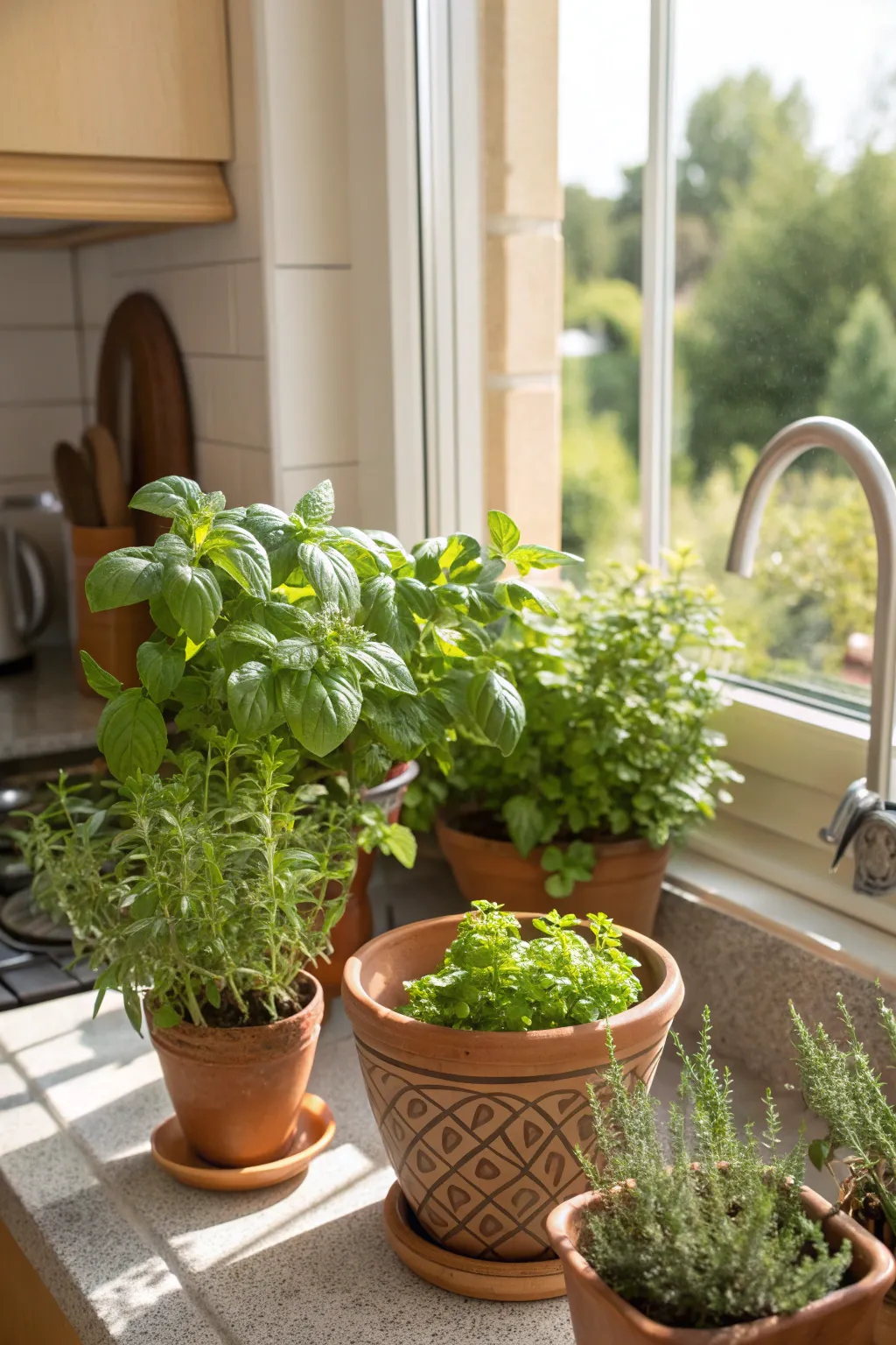 Indoor herb garden in terracotta pots on a sunny farmhouse kitchen windowsill.
