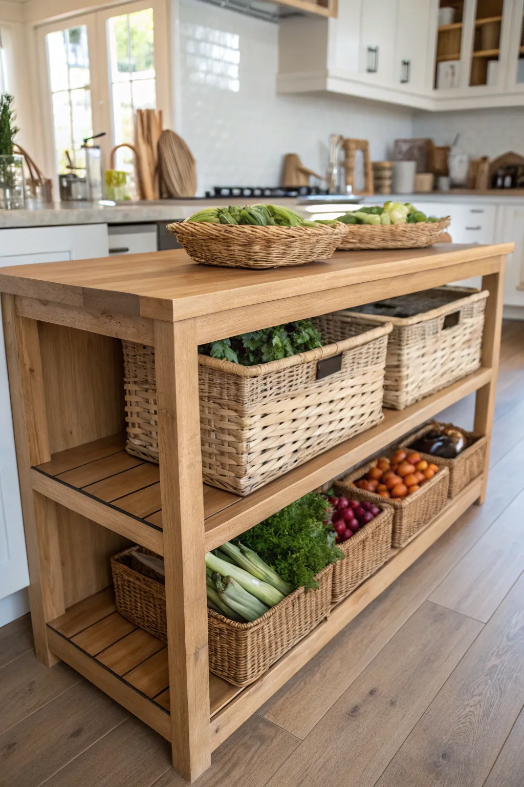 Woven seagrass baskets storing vegetables on open kitchen shelves.