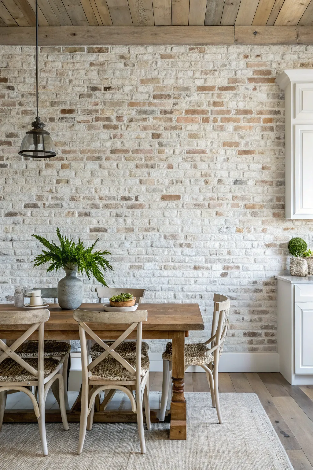 Distressed brick accent wall with a white lime wash in a farmhouse kitchen.