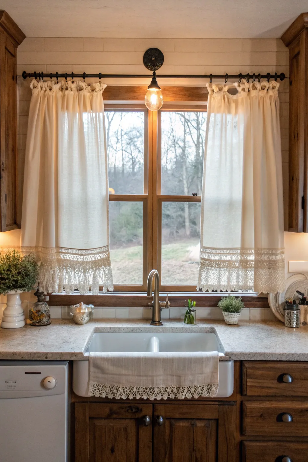 Light linen cafe curtains with tassel trim in a bright farmhouse boho kitchen.