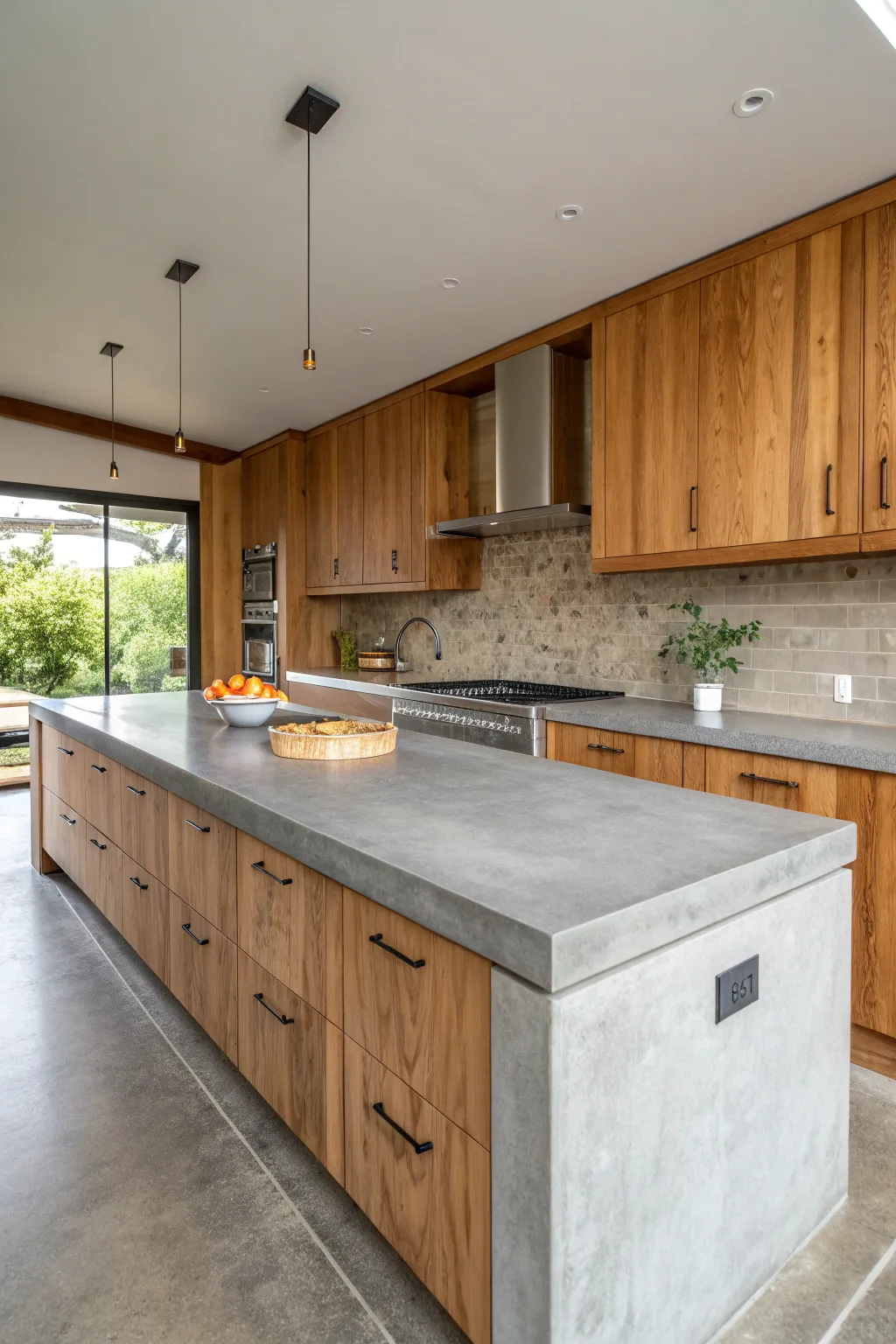Modern concrete countertops paired with warm wood cabinets in a boho farmhouse kitchen.