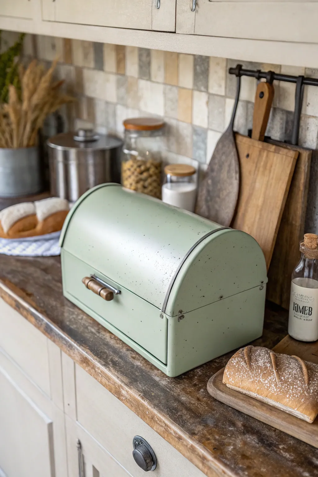 A vintage sage green metal bread box on a wooden counter in a cozy kitchen.