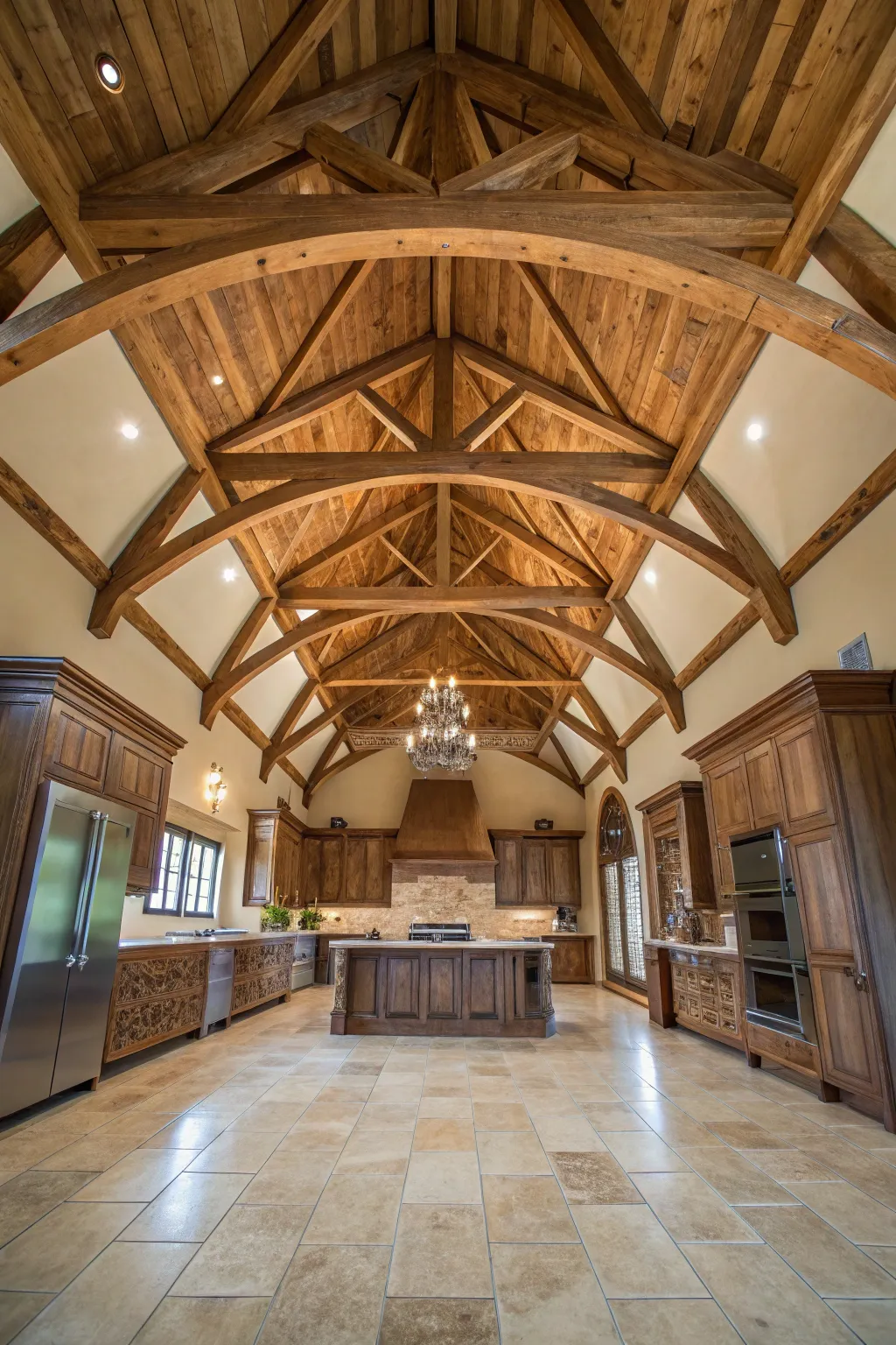 Exposed natural wood ceiling beams in a large, airy farmhouse kitchen.