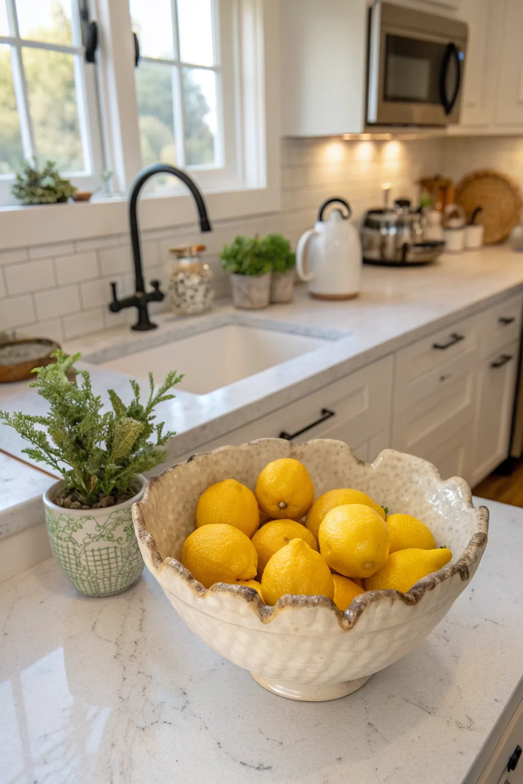 An organic asymmetrical ceramic bowl with lemons in a bright boho kitchen.
