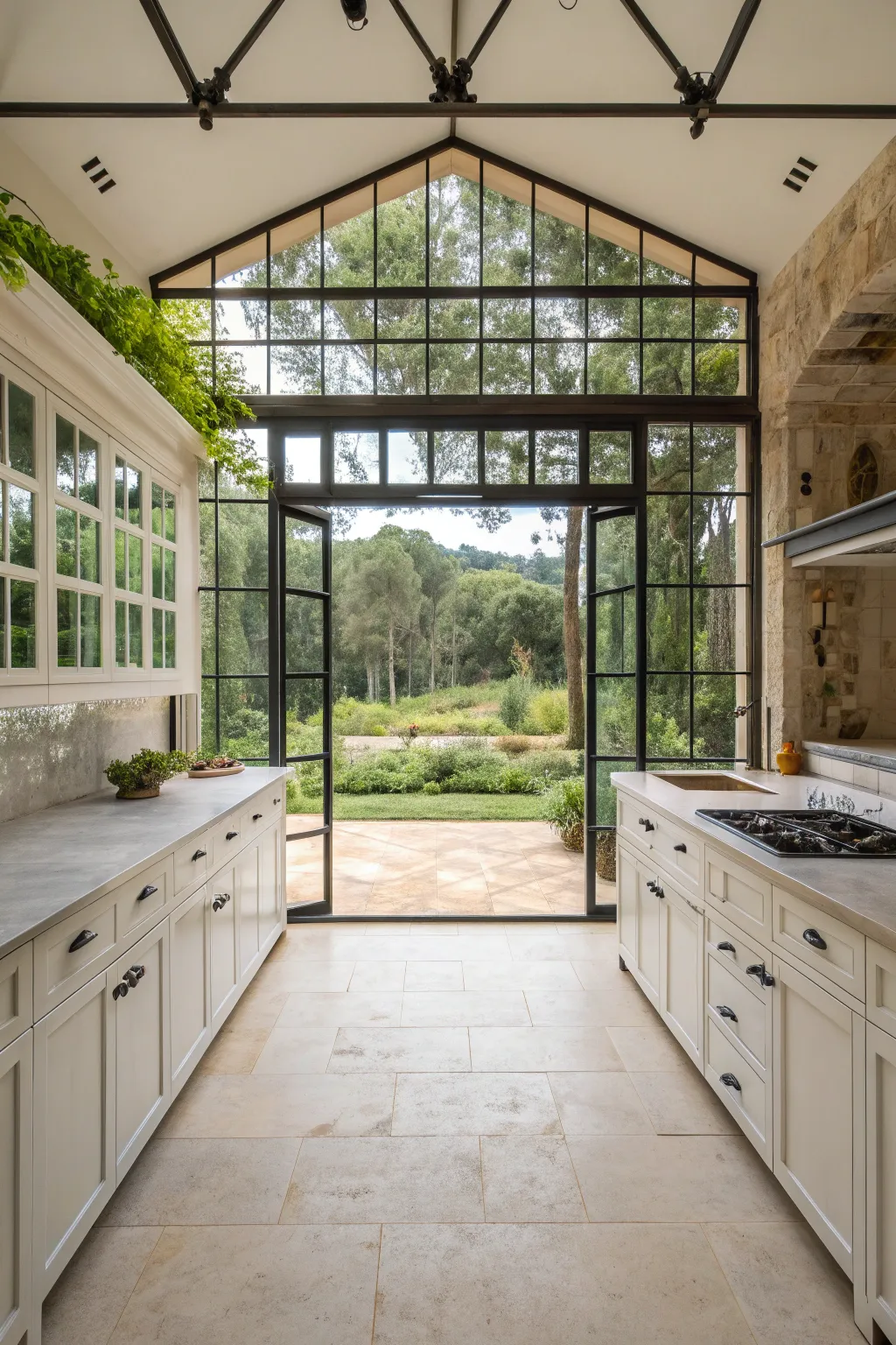 A bright farmhouse kitchen with large black metal windows overlooking a green garden.
