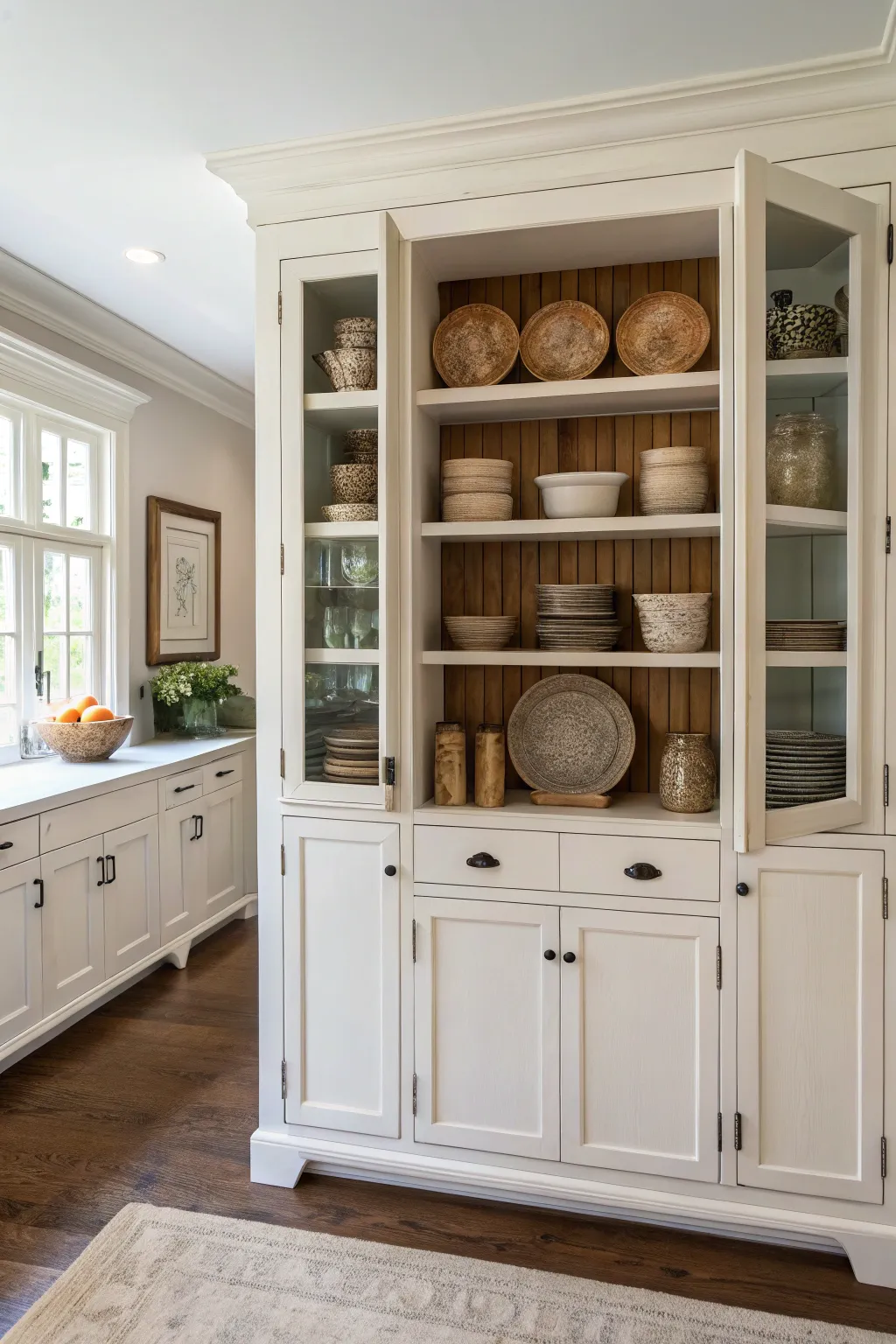Open white kitchen cabinets displaying textured stoneware plates and ceramic bowls.