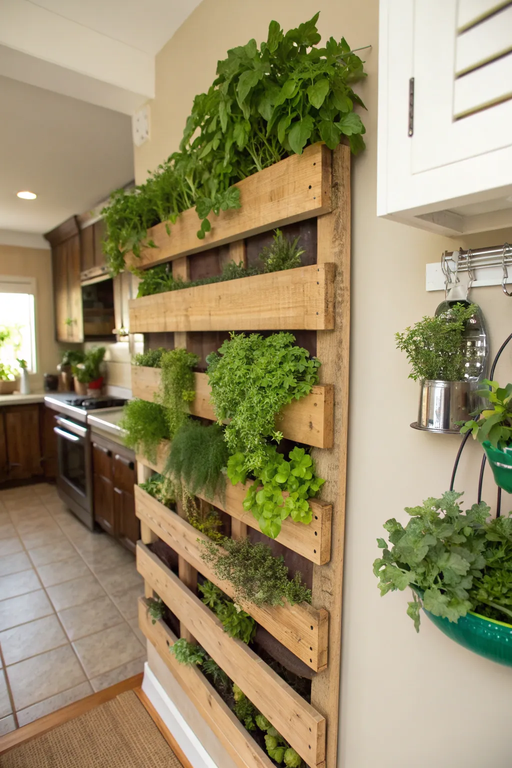 A vertical herb garden made from a wooden pallet mounted on a white kitchen wall.