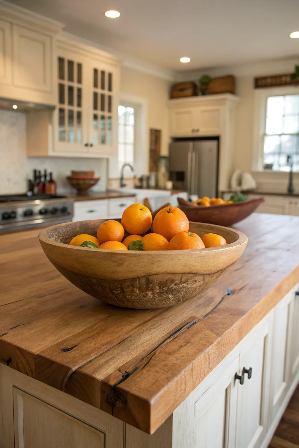 A large rustic wooden dough bowl filled with lemons and oranges on a kitchen island.