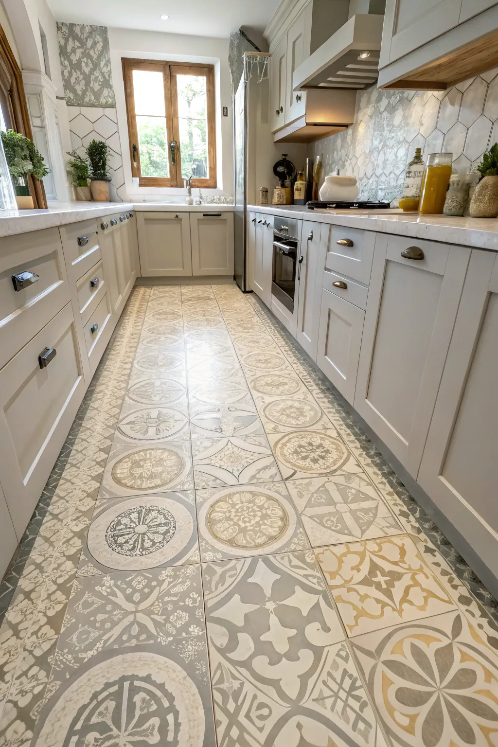 Patterned grey and cream cement floor tiles in a modern farmhouse kitchen.
