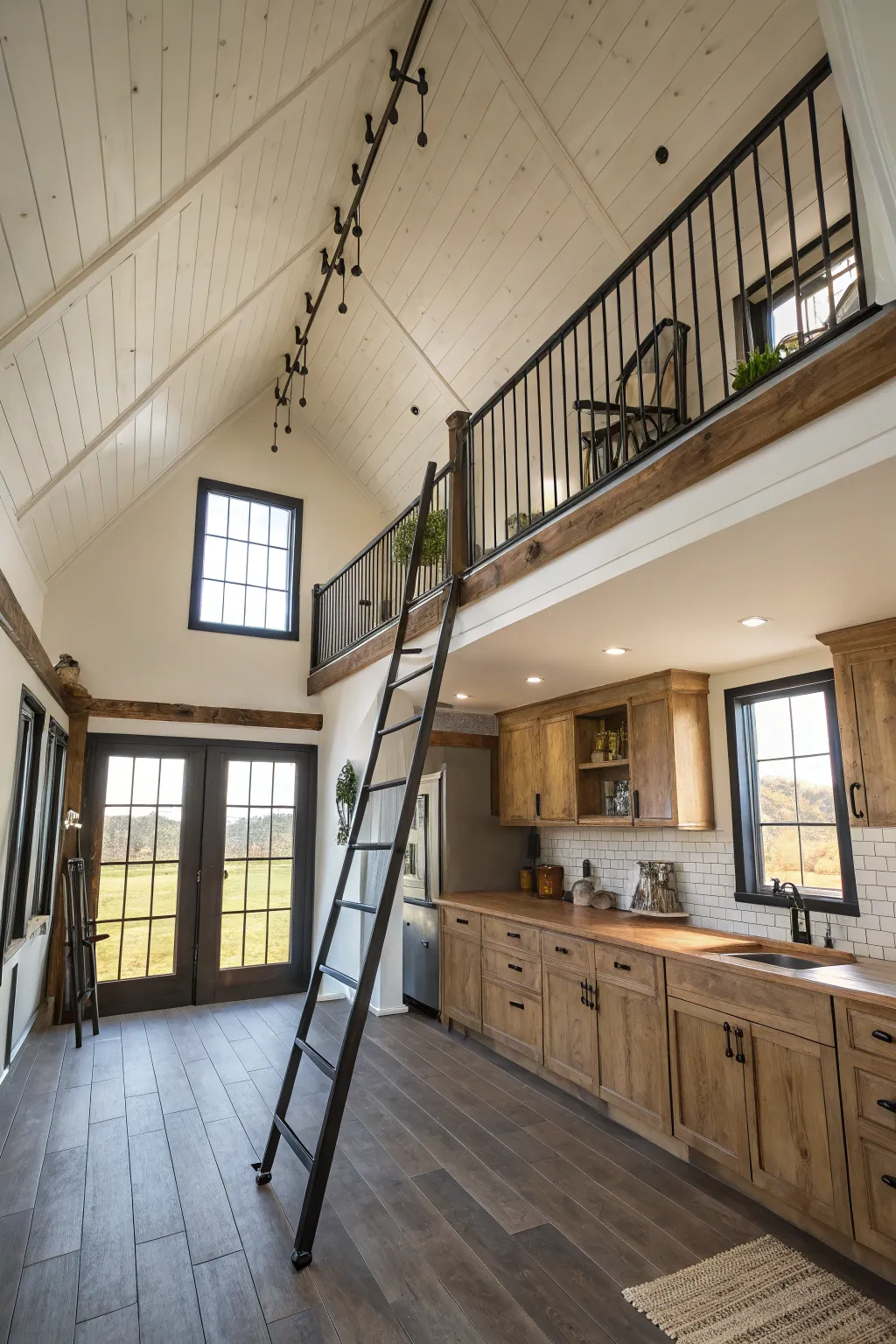 A high-ceiling kitchen with a lofted pantry area featuring a black wrought iron railing and a rolling ladder.