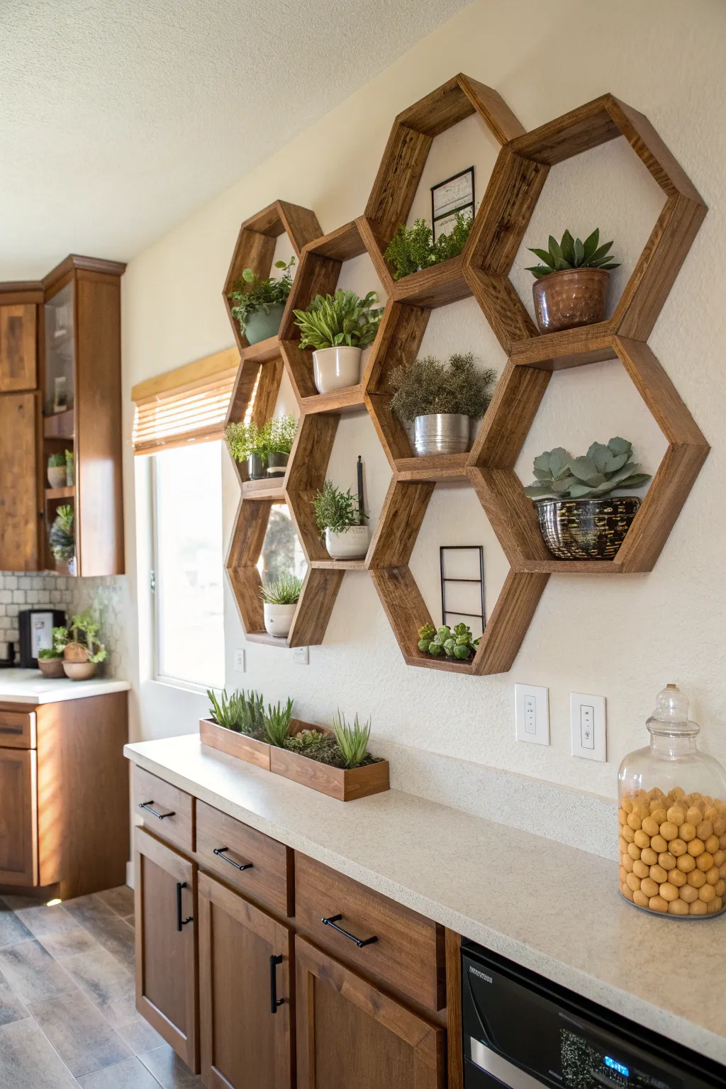 Geometric floating hexagon wood shelves on a kitchen wall holding various small green succulent plants.